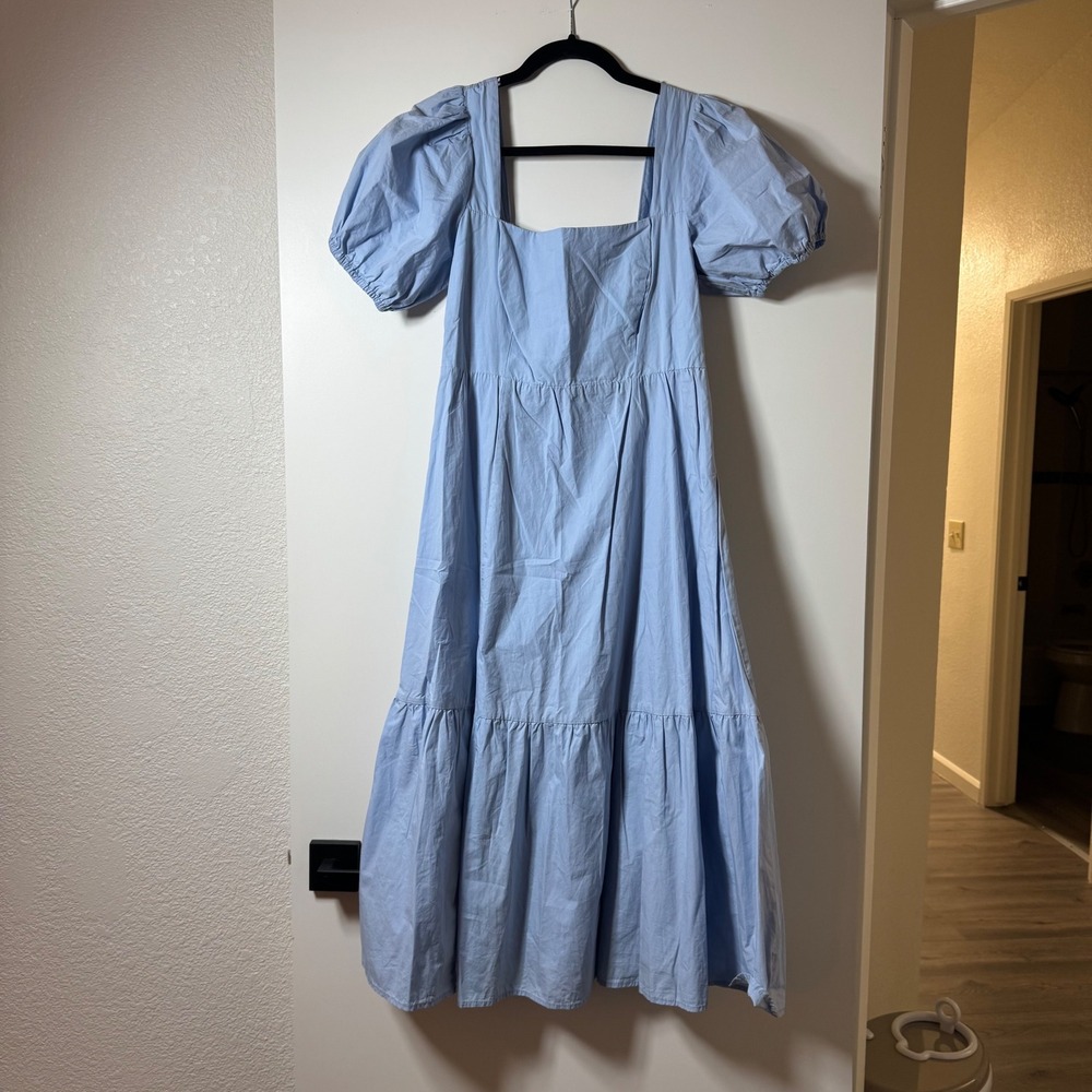 ASTR The Label Blue Cotton Puff Sleeve Tiered Smocked Midi Dress Size S